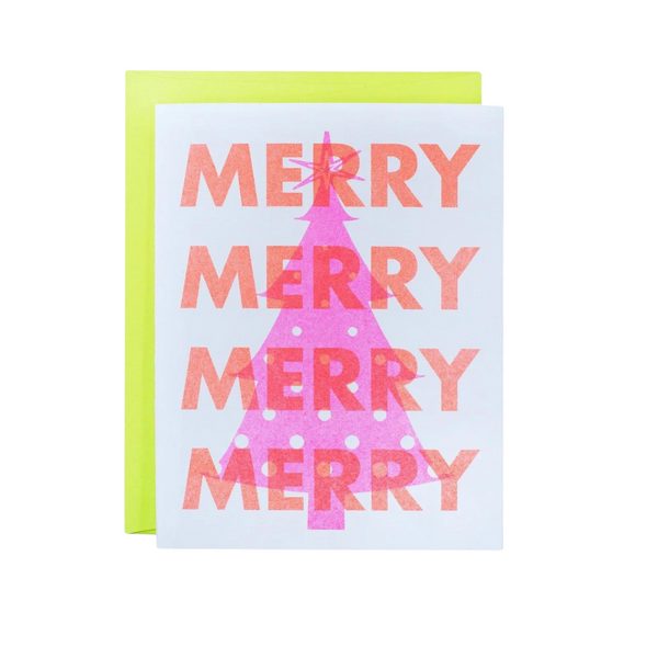 Merry Pink Tree - Neon Christmas Risograph Greeting Card