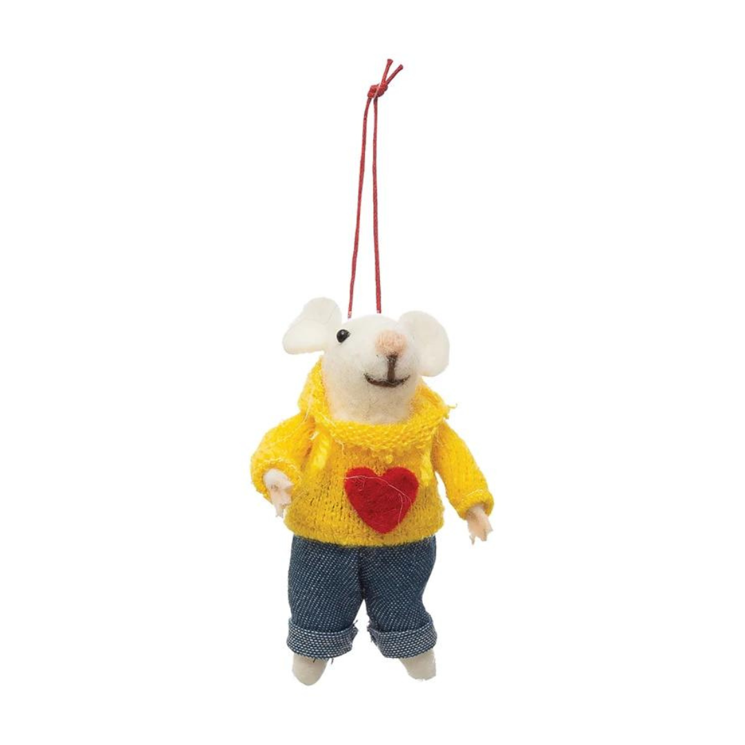 Wool Felt Mouse Ornament with Heart Sweater